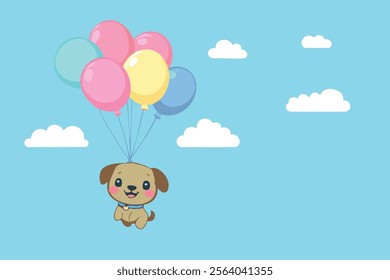 Lighthearted Illustration of a Dog and Balloons in a Blue Sky