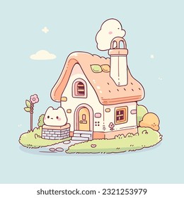 a lighthearted representation of a charming house with a chimney and a smiling face