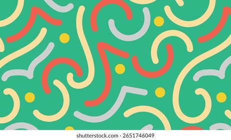 Lighthearted squiggly lines and round dots in yellow, coral and cream over a teal green background. A dynamic and cheerful visual.