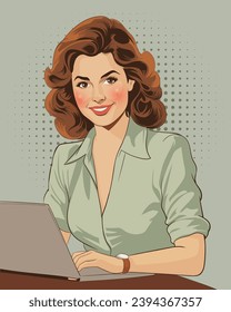 Lighthearted Workspace: Retro Comic Illustration of a Happy Businesswoman on Laptop