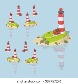 Lighthouse. 3D lowpoly isometric vector illustration. The set of objects isolated against the light-blue background and shown from different sides