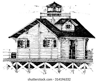 lighthouse above water house bay simple architectural drawing