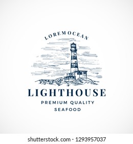 Lighthouse Abstract Vector Sign, Symbol or Logo Template. Searchlight Tower Landscape Drawing Sketch with Retro Typography. Vintage Engraving Style Nautical Building Emblem. Isolated.