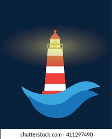 Lighthouse with abstract waves on a blue background