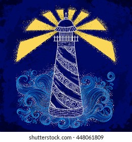 Lighthouse with abstract waves on grunge background. Vintage hand drawn vector illustration
