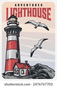 Lighthouse adventure colorful vintage flyer with seagulls flying around beacon standing on coastal rocks vector illustration