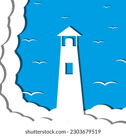 Lighthouse against Blue Sky in Cut Out paper style. Greeting card with Silhouette of Pharos and birds Vector illustration. Beacon.