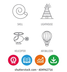 Lighthouse, air balloon and helicopter icons. Shell linear sign. Award medal, growth chart and opened book web icons. Download arrow. Vector