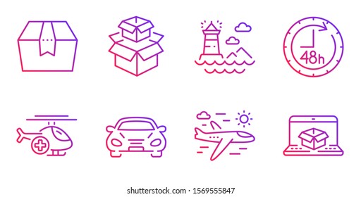 Lighthouse, Airplane travel and Packing boxes line icons set. Package box, Medical helicopter and 48 hours signs. Car, Online delivery symbols. Navigation beacon, Trip flight. Vector