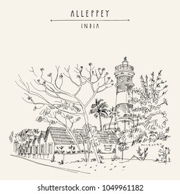 Lighthouse in Alleppey (Alappuzha). Historic warehouse buildings. Kerala, India. Vintage travel landscape drawing. Travel sketch. Vintage touristic postcard. Vector illustration