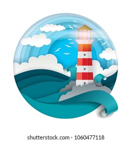 Lighthouse among raging waves in circle. Vector illustration in modern paper art style. Marine greeting card, cover, poster, banner design template.