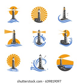 Lighthouse among sea waves vector icons. Coastal towers with a beam of searchlight for marine navigation of ships. Set of black and white lighthouses on a white background. 