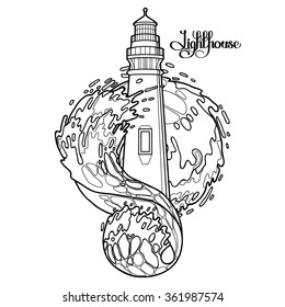 Lighthouse among the storm waves. Graphic vector illustration isolated on white background. Coloring book page design for adults and kids