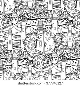 Lighthouse among the storm waves. Graphic vector seamless pattern. Coloring book page design for adults and kids