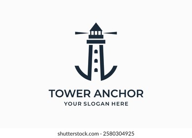 lighthouse with anchor logo design vector silhouette illustration
