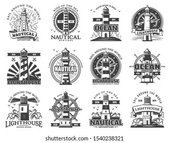 Lighthouse, anchor and ship helm heraldic icons. Vector marine beacon light tower, sailing compass and ship chain badges, ocean waves, seagulls and sunlight at lighthouse