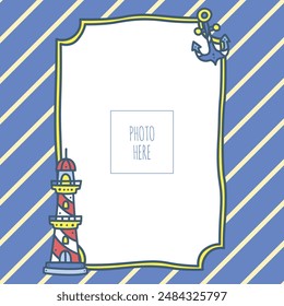 Lighthouse and anchor summer sea photo template in fun hand drawing doodle style 