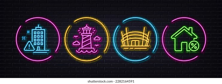 Lighthouse, Arena stadium and Building warning minimal line icons. Neon laser 3d lights. Loan house icons. For web, application, printing. Beacon tower, Competition building, Inspection risk. Vector