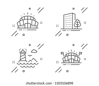 Lighthouse, Arena stadium and Buildings line icons set. Sports arena sign. Navigation beacon, Sport complex, City architecture. Event stadium. Buildings set. Line lighthouse outline icon. Vector