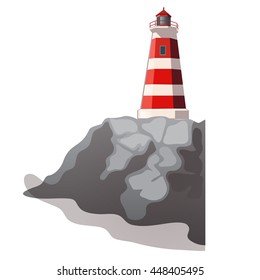 The lighthouse atop the rocky shore. Vector illustration.