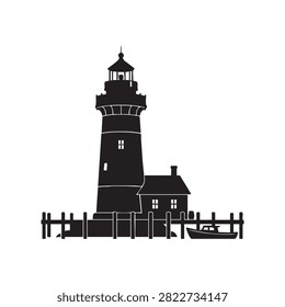 Lighthouse and attached house silhouette standing on wooden pier with small boat moored nearby isolated on white background featuring maritime architecture and coastal scene perfect for creative graphic designs.