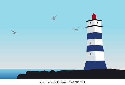 Lighthouse background. Ocean skyline. Vector illustration.