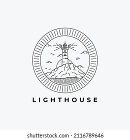 Lighthouse badge line art logo outline simple illustration vector design