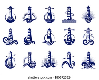 Insignias de faro. Colección vectorial de logotipos de empresas de viajes náuticos