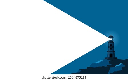 Banner do farol com raio claro em azul escuro e espaço para texto. Beacon Costa do mar ou rochas de praia do oceano e edifícios de faróis. Cartaz plano mínimo para anúncio marinho, fundo vetorial