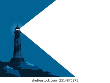 Lighthouse banner with light ray in dark blue and space for text. Beacon Sea coast or ocean beach rocks and lighthouse buildings. Flat minimal poster for marine ad, vector background