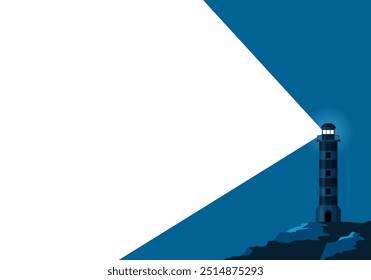 Banner do farol com raio claro em azul escuro e espaço para texto. Beacon Costa do mar ou rochas de praia do oceano e edifícios de faróis. Cartaz plano mínimo para anúncio marinho, fundo vetorial