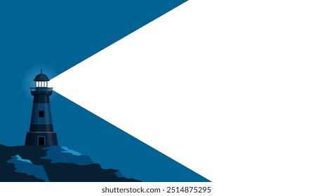 Banner do farol com raio claro em azul escuro e espaço para texto. Beacon Costa do mar ou rochas de praia do oceano e edifícios de faróis. Cartaz plano mínimo para anúncio marinho, fundo vetorial