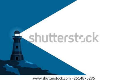 Lighthouse banner with light ray in dark blue and space for text. Beacon Sea coast or ocean beach rocks and lighthouse buildings. Flat minimal poster for marine ad, vector background