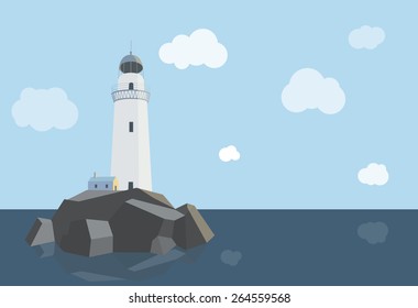 Lighthouse with barn on the rocks by the sea , daytime, flat illustration