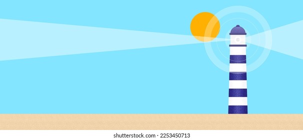 Lighthouse in beach landscape with blue sky. Copy space. Vector illustration