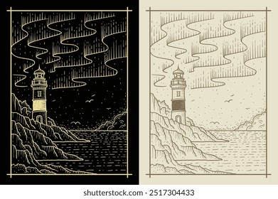 Farol e paisagem de praia , ilustração com esotérica, espiritual, geométrica, astrologia, temas mágicos