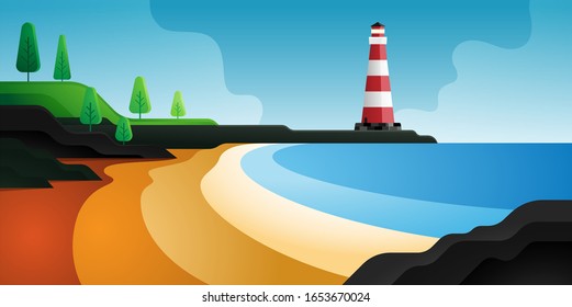 Lighthouse beach landscape. sea background. vector illustration
