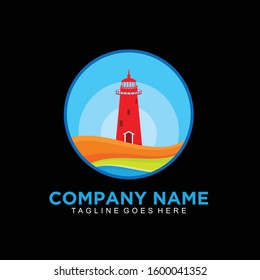 Lighthouse and beach logo with circel concept