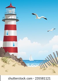 Lighthouse And Beach On Summer Day