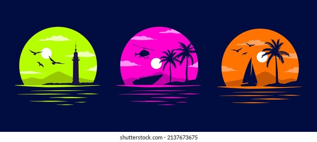 Lighthouse, Beach and Sea Shore. Miami California Hawaii design. Old school tattoo vector art. Red Sunsets with sillhouettes | Vector Graphics for apparel t-shirt	