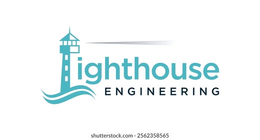 Lighthouse and beach wave logo, ship navigation logo