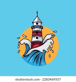 Playa de faro con vector de ola Ilustración