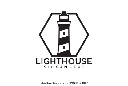 Lighthouse beacon building emblems, marine navigation lighthouse silhouettes. Beacon towers labels illustration set. Lighthouse safety emblem, silhouette monochrome tower