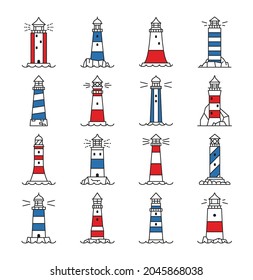 lighthouse and beacon building icons. Light house stripped towers on coast rock, port shore or harbor thin line vector symbols, nautical navigation, maritime travel and marine safety outline icons