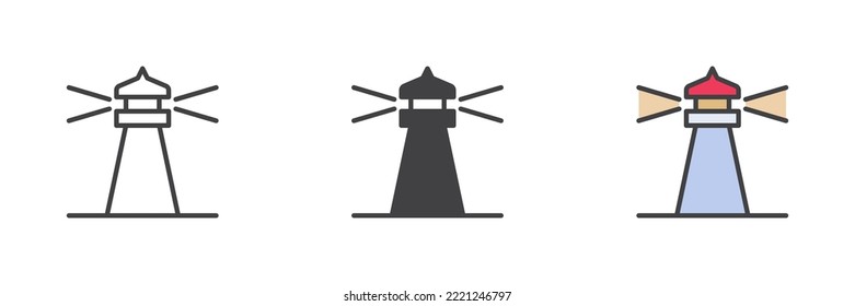 Lighthouse beacon different style icon set. Line, glyph and filled outline colorful version, outline and filled vector sign. Symbol, logo illustration. Vector graphics