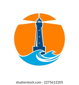 Lighthouse and beacon icon. Nautical navigation lantern searchlight sign or emblem, coastline safety beacon tower circle vector icon. Marine travel lighthouse building symbol with ocean water waves