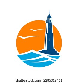 Lighthouse beacon icon of sea light house with seagulls over ocean waves on coast, vector emblem. Lighthouse or nautical marine tower sign for seafaring, harbor port and ship building company