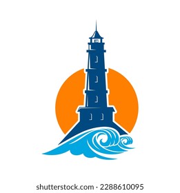 Lighthouse beacon icon, sea light house or nautical tower in ocean waves, vector marine symbol. Lighthouse icon for beach coast or port symbol, bay harbour or resort and travel company emblem