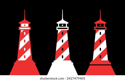 Lighthouse (beacon) icons set. Navigational landmark for a ship. Coastal lighthouse, symbol of the sea or ocean.
