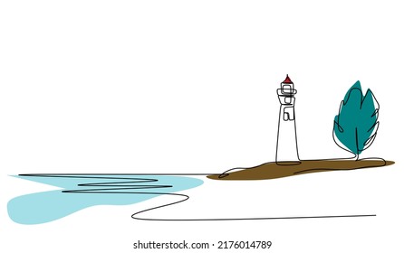 Lighthouse, beacon and island. Modern linear simple logotype template for poster banner. Lighthouses and ocean waves. Continuous line draw design graphic vector illustration